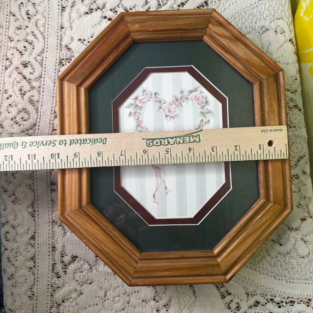 Vintage Octagonal Wood Jewelry Box Floral Heart Shadow Box Glass Top Organizer